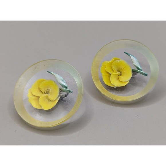 Vintage Lucite Yellow Rose Earrings - Picture 1 of 5